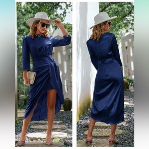 Blue wrap satin midi dress mid sleeves